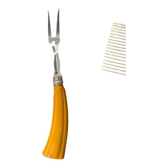 VTG Butterscotch Bakelite & Stainless Steel Meat Fork Cake Breaker Cheese Slicer - Picture 7 of 8